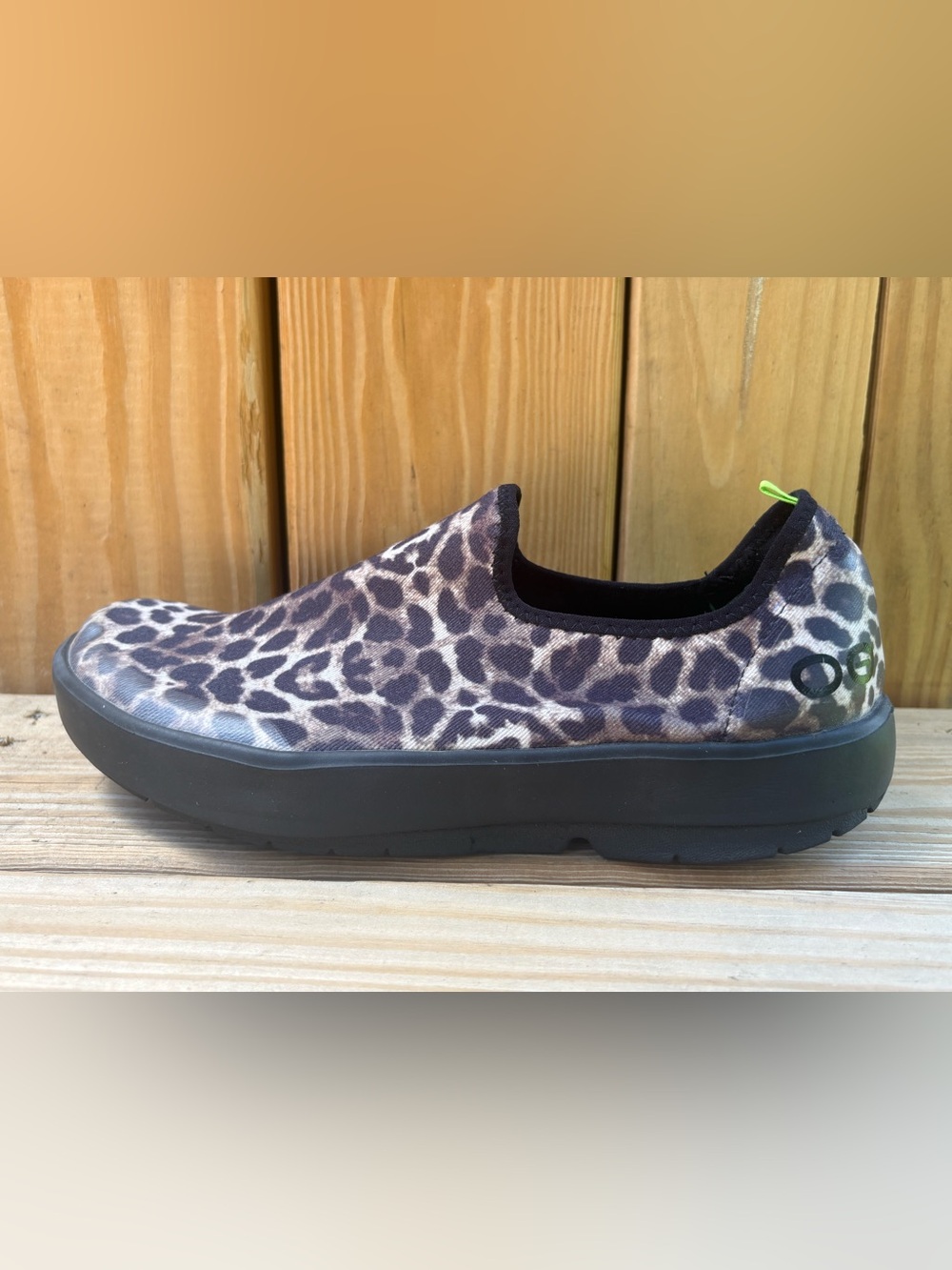OOFOS Leopard Print Slip-On Shoes with Neon Green Insole - Picture 5 of 10